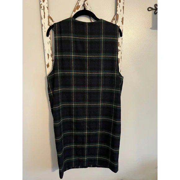 Green Plaid Sleeveless Wool Blend Dress Vtg Tartan Pinafore Dress Preppy  Holiday